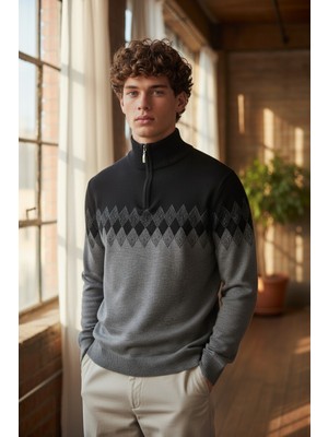 Mandala Tekstil Çok Renkli Fermuarlı Erkek Triko Kazak