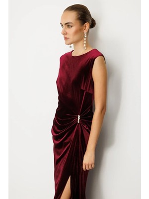 Ekol Beli Büzgülü Maxi Kadife Elbise 4141