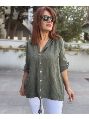 Denizege Butik Brode Desen Gömlek Kapüşonlu Haki