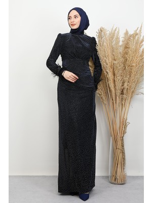 Tüylü Drapeli Elbise Lacivert