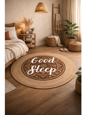 Halımax Snugh Yuvarlak Baskı Jüt Halı Makinede Yıkanabilir Çift Taraflı Doğal Good Sleep Retro Bohem Kilim