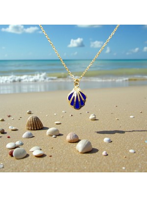 Nova Grup Deniz Kabuğu Figürlü Mavi Mineli 14 Ayar Altın Kolye