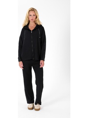 Odelon Kadın Modal Triko Detaylı Kapüşonlu Fermuarlı Eşofman Takımı Siyah