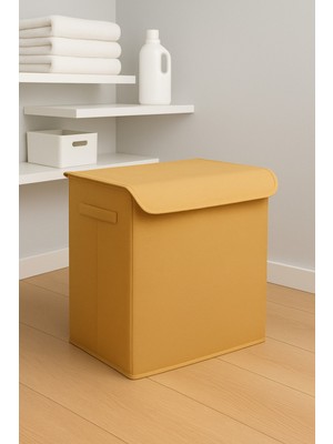 Bej Kapaklı Katlanır Kirli Çamaşır Çocuk Odası Oyuncak Saklama Kutusu Sepet 40X50X30