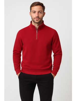 Regular Fit Yarım Fermuarlı Dik Yaka Basic Sweatshirt