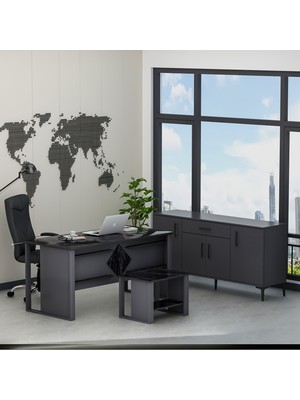 Betroya Boss Ofis Takımı 3'lü Set - Masa Sehpa Konsol Antrasit - Mermer (Sandalye Dahil Değildir)