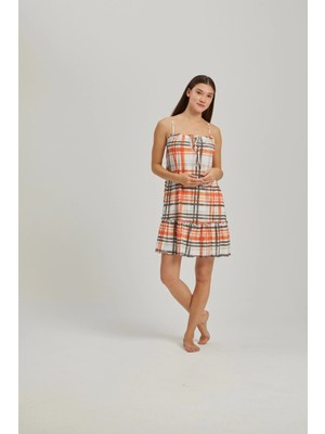 Pamuk & Pamuk Turuncu Ekose Ip Askılı Gecelik