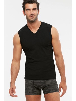 Kom Erkek Siyah Penye Likralı V Yaka Kolsuz Francesco Atlet 2'li