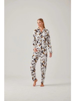 Pamuk & Pamuk Siyah Ceviz Yeşil Çiçek Desen Önden Düğmeli Viskon Kadın Pijama Takımı
