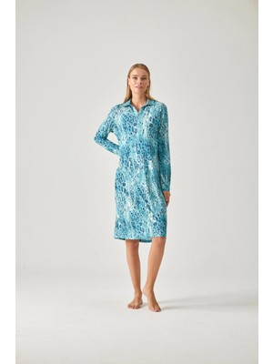 Pamuk & Pamuk Leopar Turkuaz Desenli Gecelik