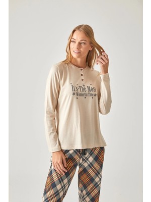 Pamuk & Pamuk Siyah Turuncu Baskılı Tişört & Siyah Turuncu Ekose Pijama Takımı