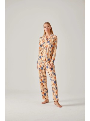 Pamuk & Pamuk Kayısı Rengi Çiçek Desen Önden Düğmeli Viskon Kadın Pijama Takımı