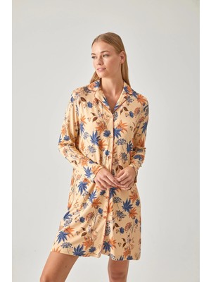 Pamuk & Pamuk Kayısı Rengi Çiçek Desen Gömlek Gecelik