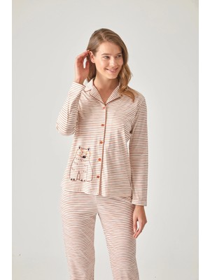 Pamuk & Pamuk Turuncu Çizgili Önden Düğmeli Baskılı Pijama Takımı