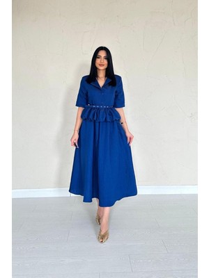 Lacivert Ince Kemerli Fırfırlı Ceket ve Büzgülü Etek Takım