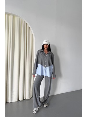 Polyviskon - Poplin Parçalı Gömlek Pantolon Takım - Gri