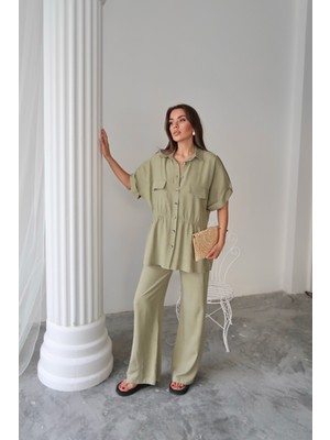 Keten Belden Büzgü Detaylı Gömlek - Pantolon Takım - Yeşil