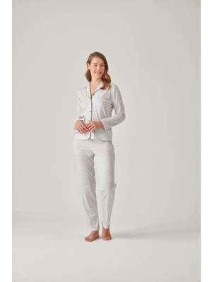 Pamuk & Pamuk Gri Çizgili Önden Düğmeli Baskılı Modal Pamuk Kadın Pijama Takımı