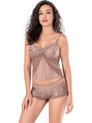 Marsilyan Vizon Jakarlı Babydoll Şort Takımı