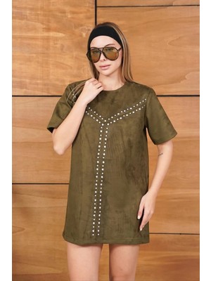 Cemo Süet Askılı/kısa Kollu Çivi Detaylı Mini Elbise
