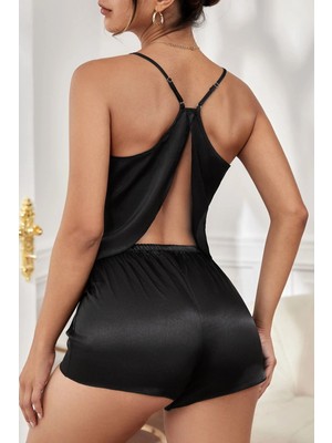 Marsilyan Kadın Siyah Asimetrik Sırt Dekolte Detaylı Şık Şortlu Gecelik Takım