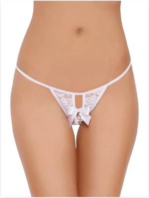 Marsilyan Fantezi Arkası Açık Fiyonklu Beyaz Dantel String - Tanga