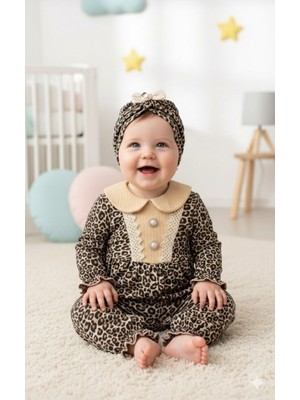 GENYBABY Geny Baby Leoparlı Mevsimlik Tulum Bandana Hediyeli 2'li Kombin