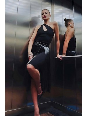 Marsilyan Püsküllü Deri Etek, Şık Deri Etek, Uzun Deri Etek, Siyah Deri Etek - BRF637