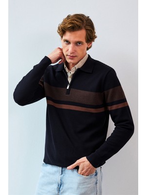Erkek Fermuarlı Polo Yaka Kazak Triko Kabartmalı Örgü Desenli Klasik Kalıp - 5241F