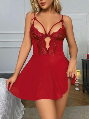 Marsilyan-  Kırmızı Dantel Işlemeli Göğüs Ip Detaylı Fantezi Tül Gecelik Takımı