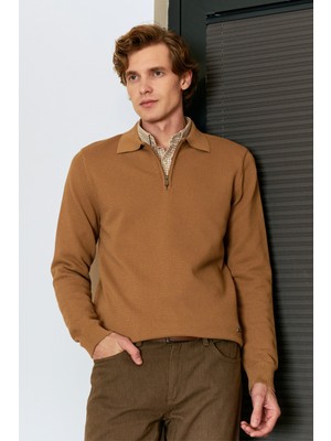 Erkek Fermuarlı Polo Yaka Kazak Triko Kabartmalı Örgü Düz Renk Klasik Kalıp - 5240F