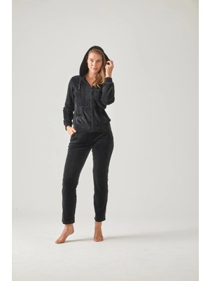 Pamuk & Pamuk Siyah Önden Fermuarlı Kapşonlu Kadife Eşofman Takımı