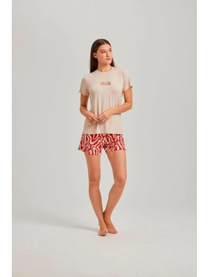 Pamuk & Pamuk Taş Rengi Bisiklet Yaka Vogue Baskılı Dalga Desen Viskon Şortlu Kadın Pijama Takım