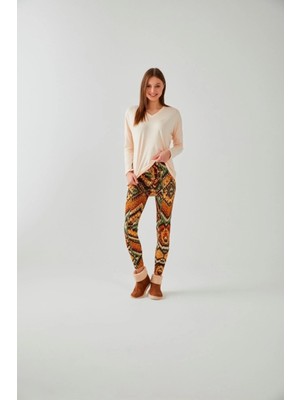 Pamuk & Pamuk Pudra Renk V Yaka Hardal Etnik Desen Tayt Takım