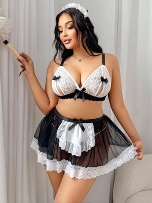 Marsilyan Kadın Büyük Beden  Seksi Hizmetçi Kostüm Fantezi Transparan Tül Fantezi Erotik 8006