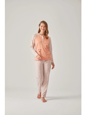 Pamuk & Pamuk Turuncu Çizgili Raglan Kol Baskılı Modal Pamuk Kadın Pijama Takımı