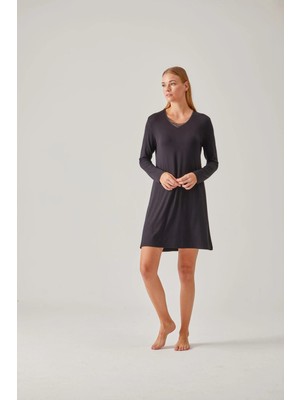 Pamuk & Pamuk Siyah V Yaka Saten Biyeli Viskon Kadın Gecelik