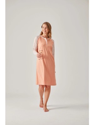 Pamuk & Pamuk Turuncu Çizgili Raglan Kollu Baskılı Modal Pamuk Kadın Gecelik