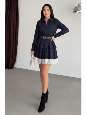 Cemo Dantel Detaylı Bordo Fırfırlı Gömlek Elbise