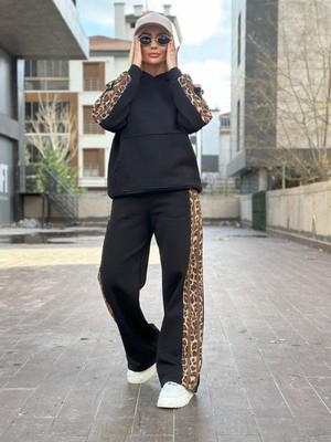 Mint 5835 Leopar Şeritli Taşlı Eşofman Takımı Siyah