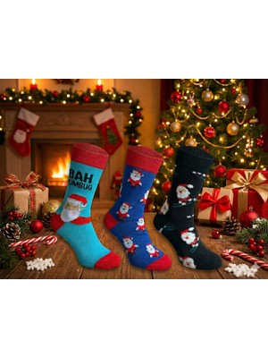 Biricik İç Giyim Biricik Iç Giyim Yeni Yıl, Yılbaşı, Noel, Kırmızı Renkli,noel Babalı, Desenli Erkek Çorap 3 Lü Paket (3 Adet)