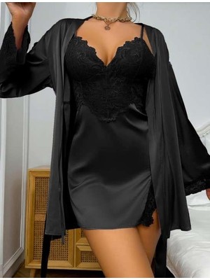 Marsilyan Arias Closet Dantel Işlemeli Ince Askılı Siyah 2'li Saten Gecelik Sabahlık Takımı