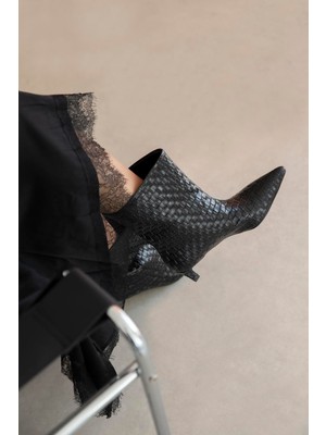 Straswans Zoey Kadın Örgü Detay Deri Bot Siyah