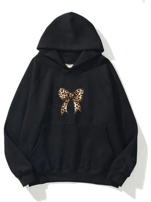 EYDAMOON Kadın Kışlık Pamuklu Leopar Fiyonk Baskılı Kapüşonlu Kanguru Cepli Regular Sweatshirt