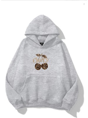 EYDAMOON Kadın Kışlık Pamuklu Leopar Dudak Baskılı Kapüşonlu Kanguru Cepli Regular Sweatshirt