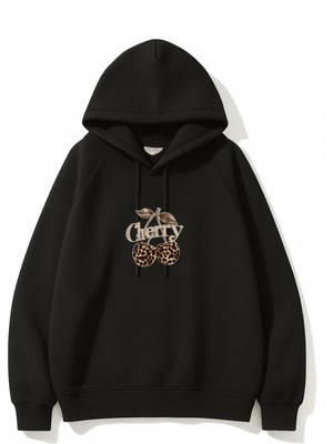 EYDAMOON Kadın Kışlık Pamuklu Leopard Cherry Baskılı Regular Kapüşonlu Sweatshirt