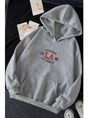 EYDAMOON Erkek Kışlık California Los Angeles Baskılı Pamuklu Kapüşonlu Kanguru Cepli Sweatshirt