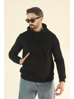 EYDAMOON Erkek Basic Kışlık Içi Polarlı Sweatshirt - Siyah Regular Yandan Cepli Kapüşonlu
