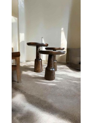 Ceviz Renk Masif Ahşap Mantar Sehpa 3’lü Set Fiskos ve Zigon