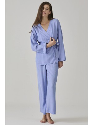 Pamuk & Pamuk Kadın Mavi Jakarlı Kimono Yaka Pijama Takımı